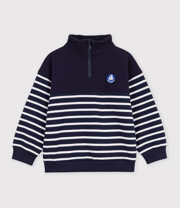 Sudadera infantil de algod&oacute;n a rayas con cremallera en el cuello azul/blanco