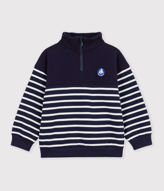 Sudadera infantil de algod&oacute;n a rayas con cremallera en el cuello azul/blanco