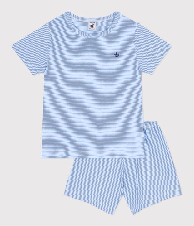 Pijama infantil corto de algod&oacute;n a rayas azul/blanco
