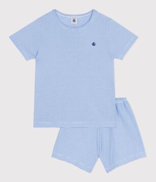 Pijama infantil corto de algodón a rayas azul/blanco