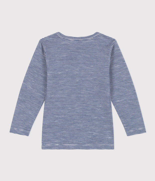 Camiseta infantil de manga larga de lana y algod&oacute;n a rayas azul/blanco