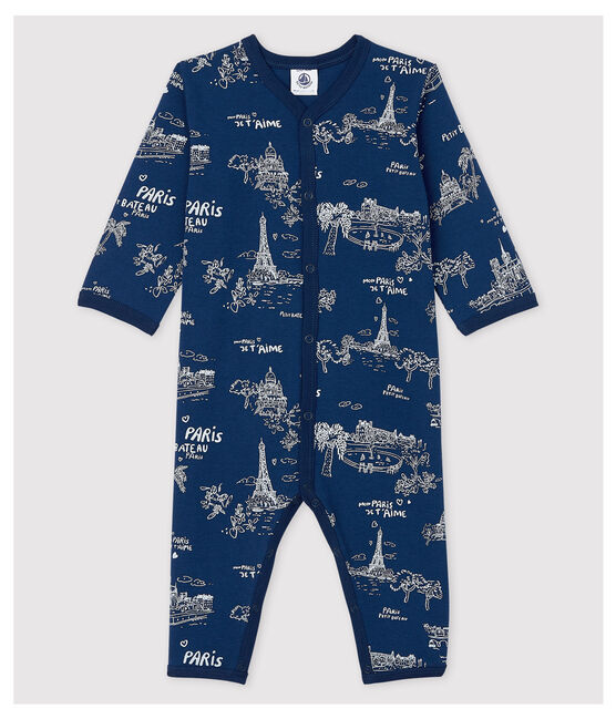 Pijama enterizo sin pies en tela de Jouy de bebé de algodón azul MEDIEVAL/blanco ECUME