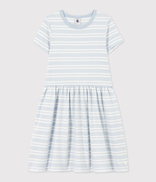 Vestido de manga corta de algod&oacute;n a rayas para ni&ntilde;a azul/blanco