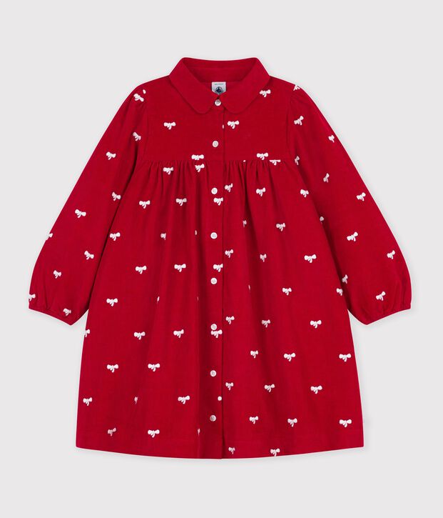 Vestido infantil de terciopelo de manga larga con estampado de lazos rojo/crudo