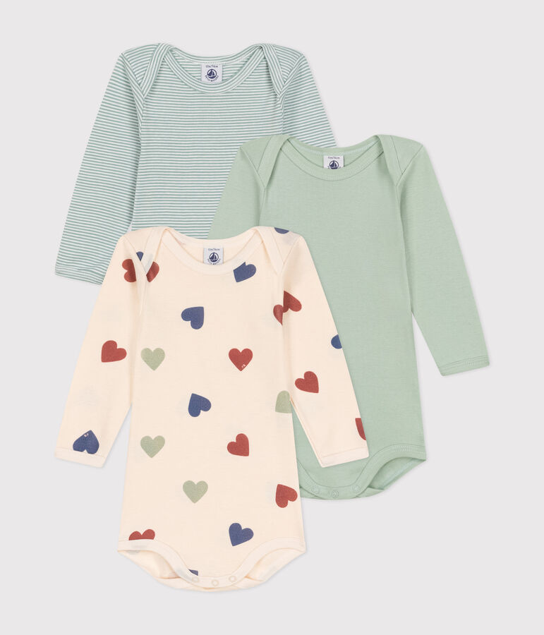 Juego de 3 bodis de algod&oacute;n de manga larga con estampado de tres corazones para beb&eacute; multicolor