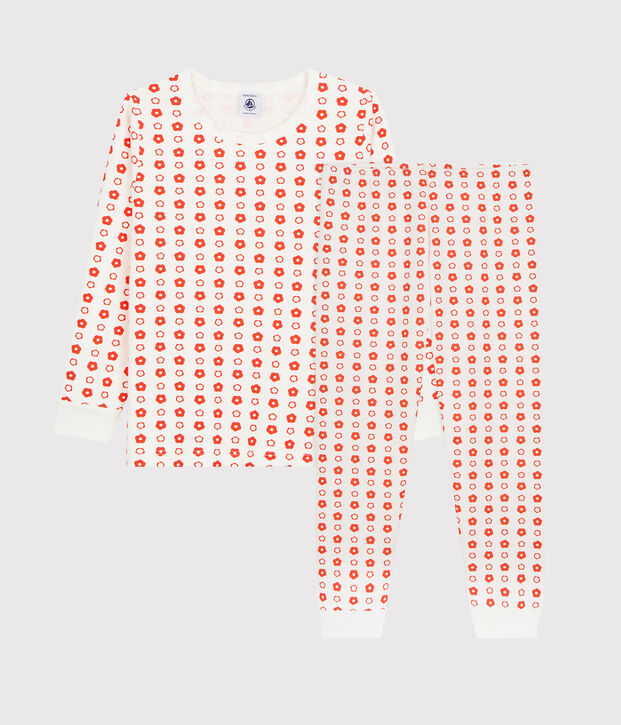 Pijama de ni&ntilde;a/ni&ntilde;o con estampado gr&aacute;fico de algod&oacute;n org&aacute;nico blanco/rojo