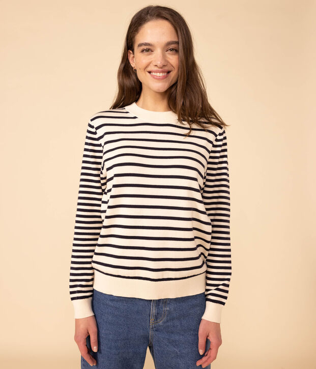 Jersey marinero de algod&oacute;n para mujer crudo/azul