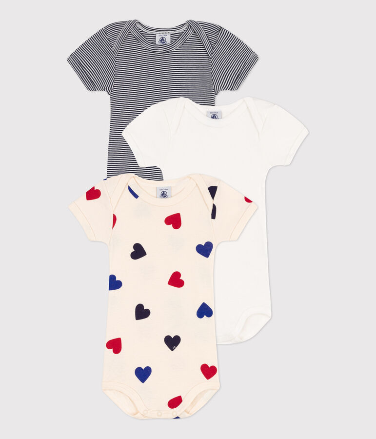 Juego de 3 bodis de manga corta de algod&oacute;n con corazones multicolor
