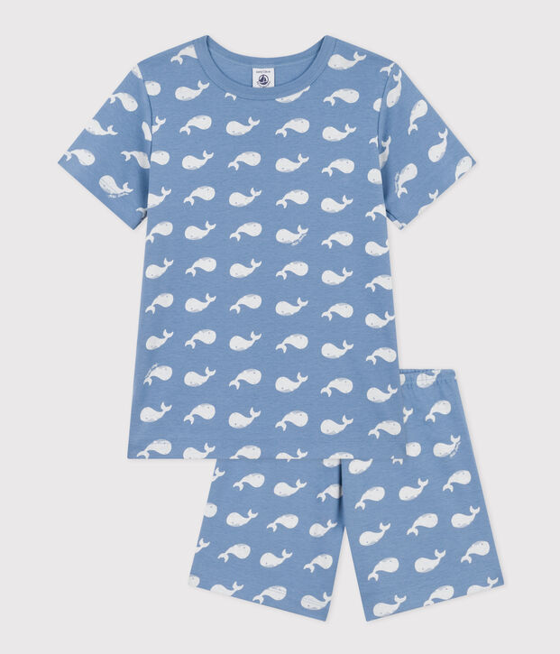 Pijama corto infantil de algod&oacute;n con estampado de ballena azul/blanco