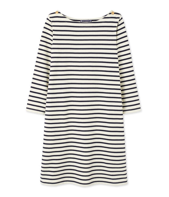 Robe marinière femme en jersey lourd beige COQUILLE/azul SMOKING