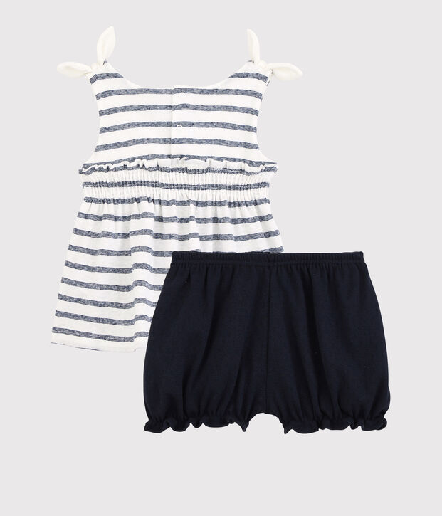 Conjunto de blusa + braguitas bloomer de algod&oacute;n/lino de beb&eacute; ni&ntilde;a blanco/azul