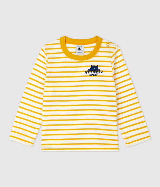 Camiseta a rayas de algodón de bebé blanco MARSHMALLOW/amarillo BOUDOR