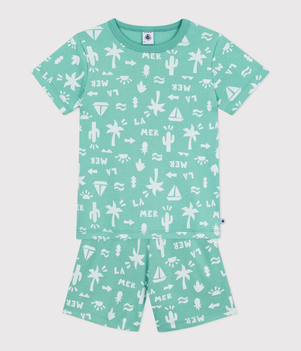 Pijama corto infantil de algod&oacute;n con estampado verde/blanco
