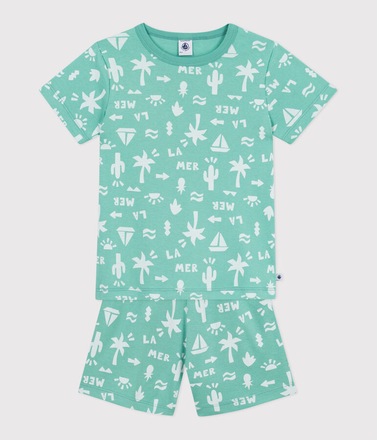 Pijama corto infantil de algod&oacute;n con estampado verde/blanco