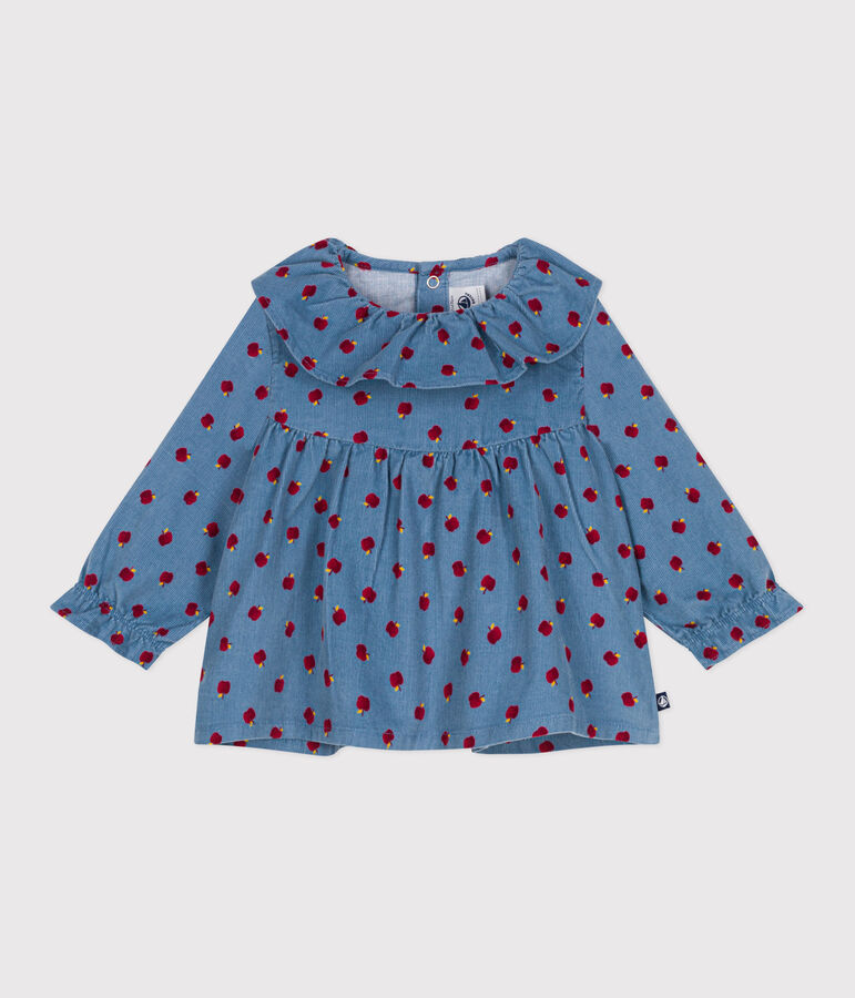 Blusa de pana de manga larga con estampado de manzanas para beb&eacute; azul/multicolor