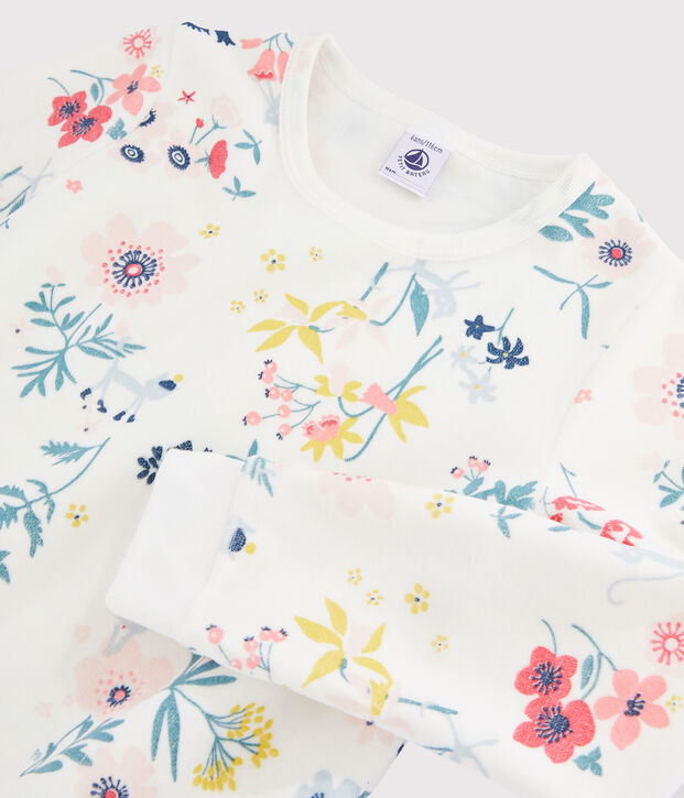 Pijama con flores de ni&ntilde;a de terciopelo blanco/multicolor