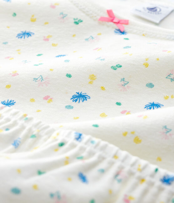 Pijama corto de flores de niña de algodón y lino blanco MARSHMALLOW/blanco MULTICO