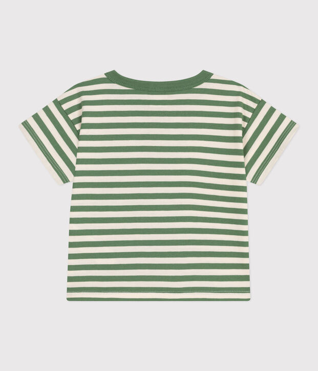 Camiseta de manga corta de algod&oacute;n a rayas para beb&eacute; verde/crudo