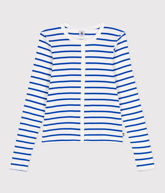 Cárdigan de algodón liso para mujer blanco MARSHMALLOW/azul PERSE