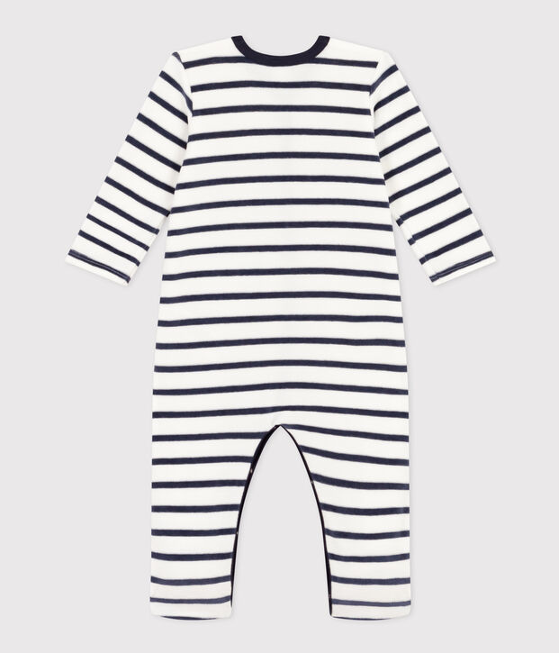 Pijama de terciopelo a rayas para beb&eacute; blanco/azul