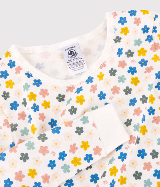 Pijama snugfit de algodón con flores retro fosforescentes para niña blanco MARSHMALLOW/blanco MULTICO