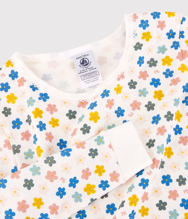 Pijama snugfit de algod&oacute;n con flores retro fosforescentes para ni&ntilde;a blanco/multicolor