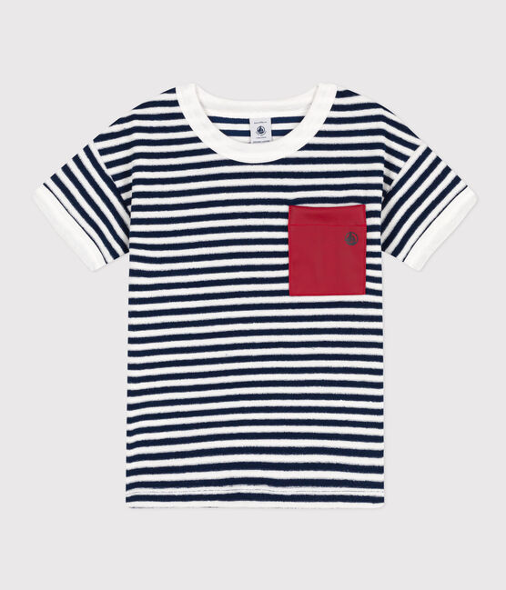 Camiseta de rizo a rayas para niño azul MEDIEVAL/blanco MARSHMALLOW