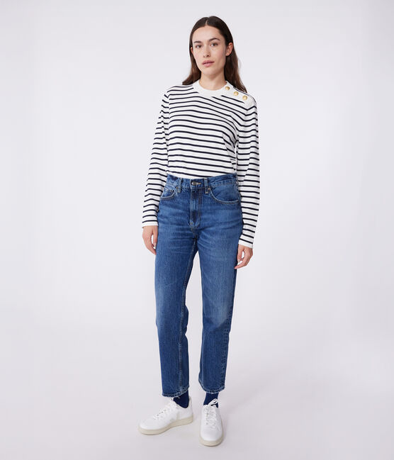 Jersey marinero de algodón a rayas para mujer blanco MARSHMALLOW/azul SMOKING