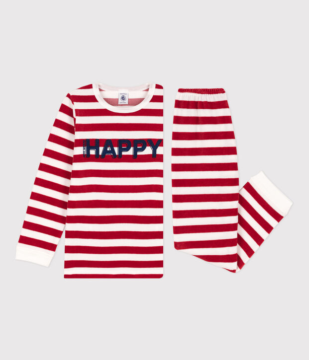 Pijama de terciopelo a rayas para ni&ntilde;o/ni&ntilde;a rojo/blanco