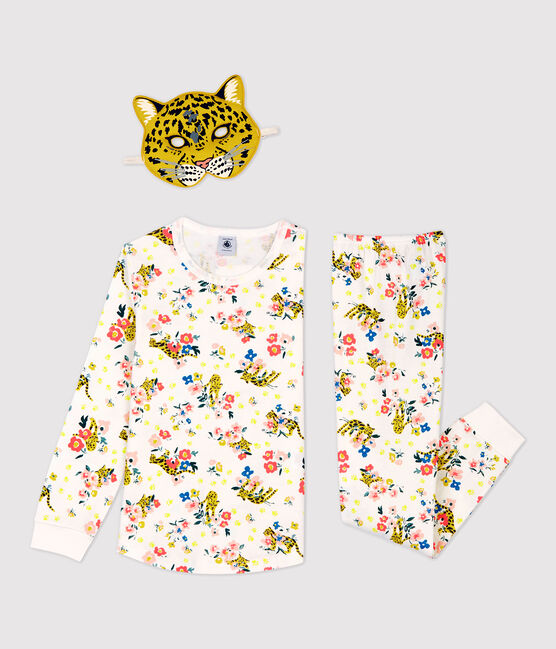 Pijama fosforescente con estampado de pantera de niña de algodón blanco MARSHMALLOW/blanco MULTICO