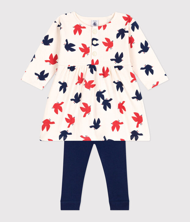 Vestido de algod&oacute;n de manga larga y leggings con estampado de p&aacute;jaros para beb&eacute; crudo/multicolor