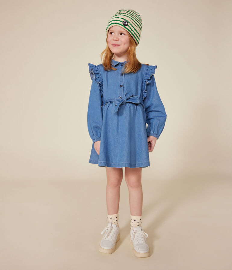 Vestido de manga larga de denim ligero para ni&ntilde;a azul