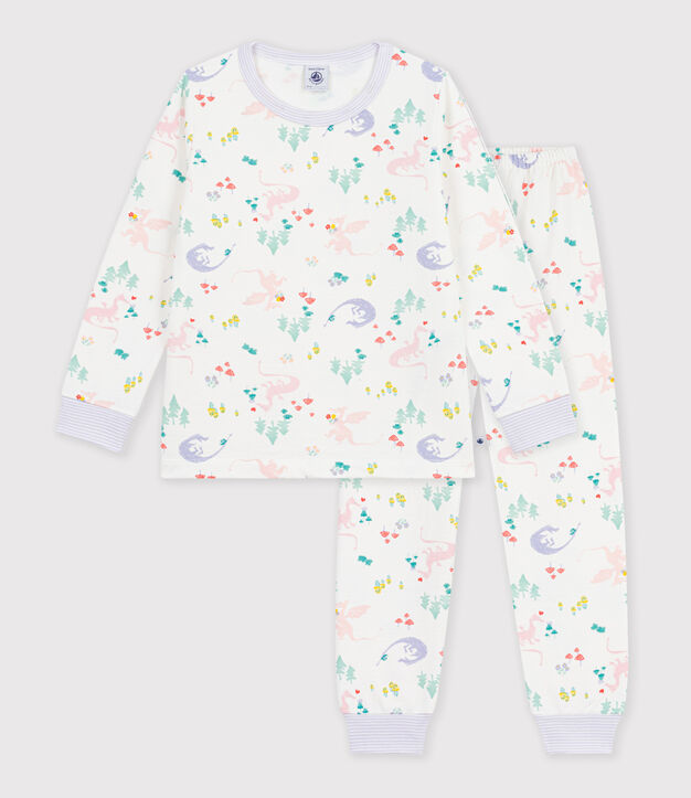 Pijama infantil de mulet&oacute;n con estampado de dragones blanco/multicolor