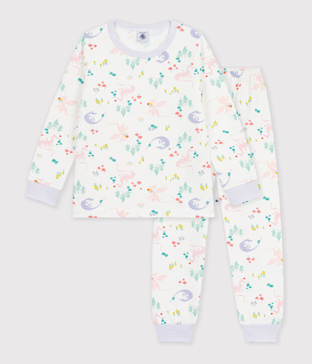 Pijama infantil de mulet&oacute;n con estampado de dragones blanco/multicolor