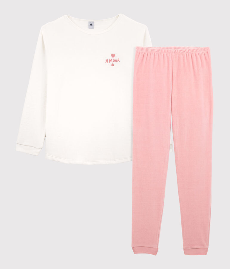 Pijama de ni&ntilde;a de terciopelo rosa/blanco