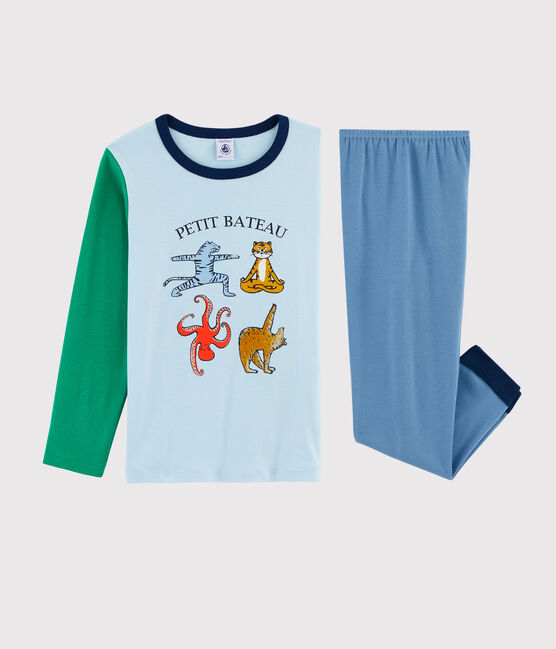 Pijama de animales de yoga de niño pequeño con acanalado azul ALASKA/blanco MULTICO