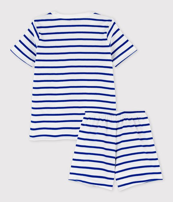Pijama corto a rayas de niño de algodón blanco MARSHMALLOW/azul SURF