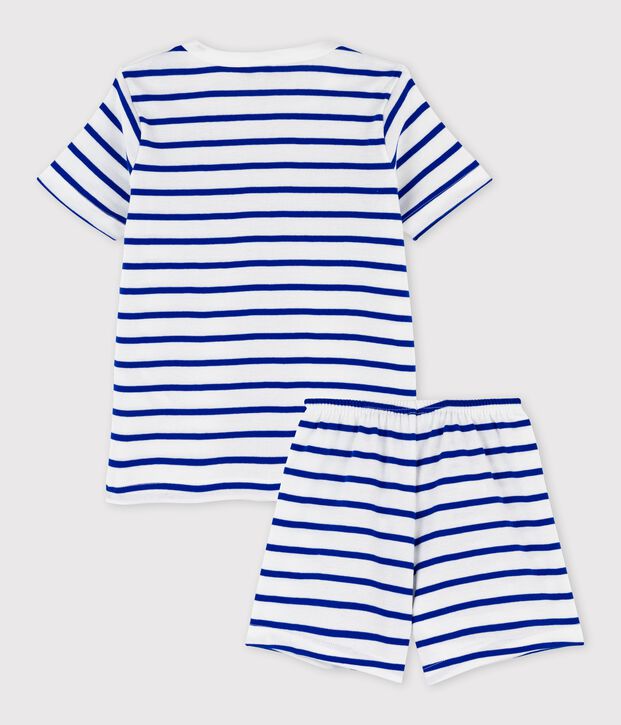 Pijama corto a rayas de ni&ntilde;o de algod&oacute;n blanco/azul