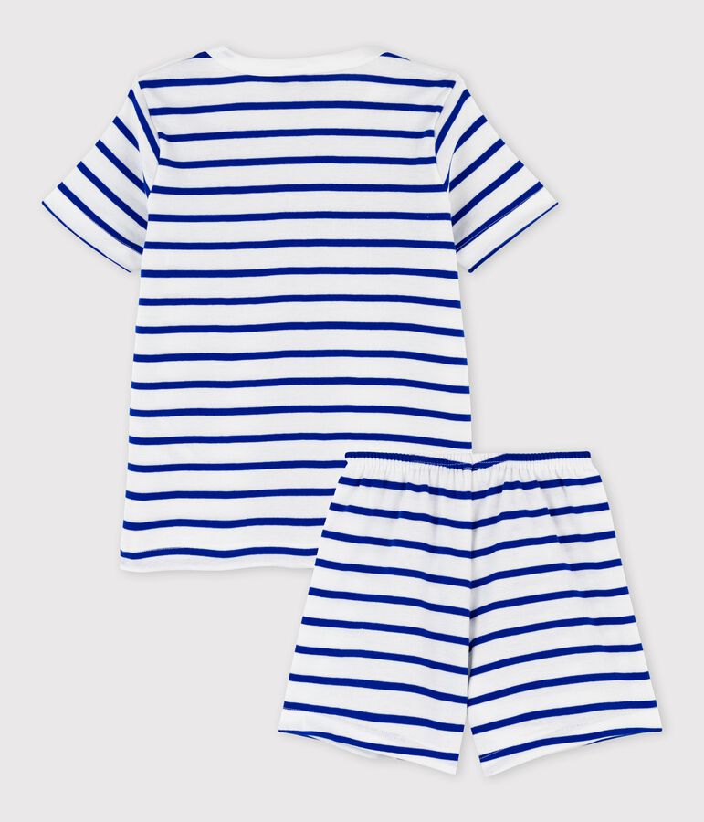 Pijama corto a rayas de ni&ntilde;o de algod&oacute;n blanco/azul