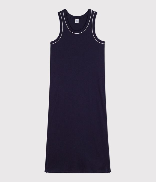 Vestido largo tipo camiseta sin mangas de algod&oacute;n para mujer azul