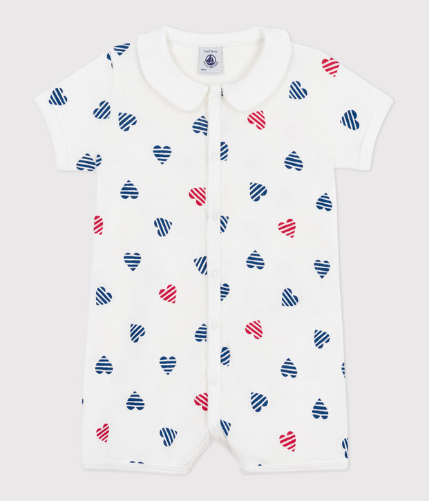 Mono corto de algod&oacute;n con cuello con corazones a rayas para beb&eacute; blanco/multicolor
