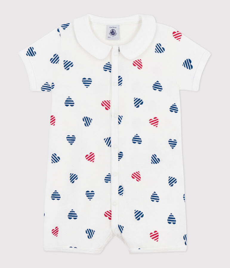 Mono corto de algod&oacute;n con cuello con corazones a rayas para beb&eacute; blanco/multicolor