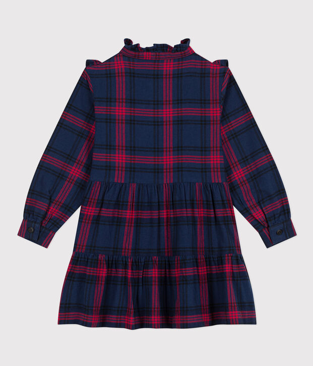 Vestido a cuadros de manga larga de franela de algod&oacute;n de ni&ntilde;a azul/multicolor