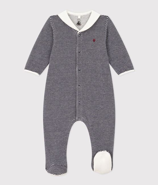 Pijama de terciopelo milrayas para bebé azul SMOKING/blanco MARSHMALLOW