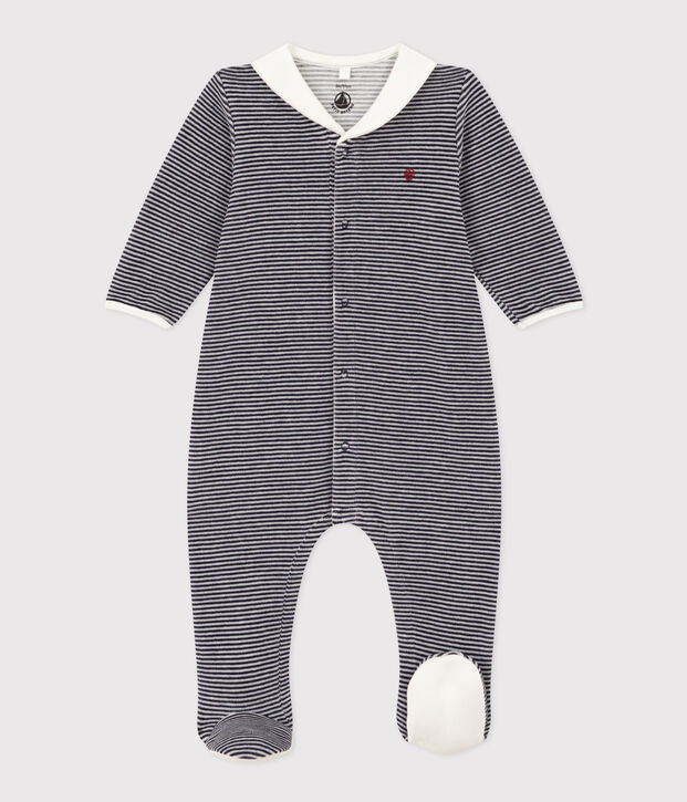 Pijama de terciopelo milrayas para beb&eacute; azul/blanco