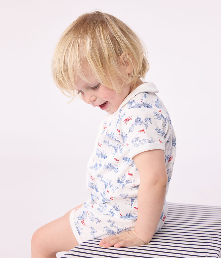 Mono corto de algod&oacute;n con cuello y estampado de Par&iacute;s para beb&eacute; blanco/multicolor