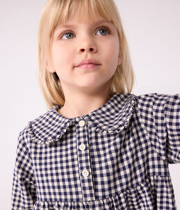 Vestido infantil de manga larga de franela a cuadros azul/crudo