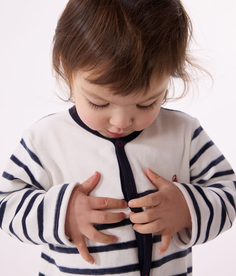 Pijama de terciopelo a rayas para beb&eacute; blanco/azul