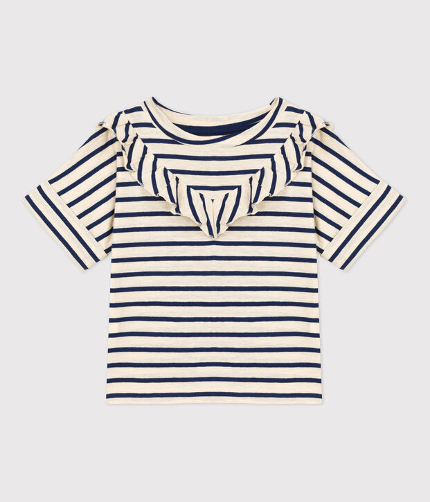 Camiseta de manga corta de algod&oacute;n de ni&ntilde;a crudo/azul