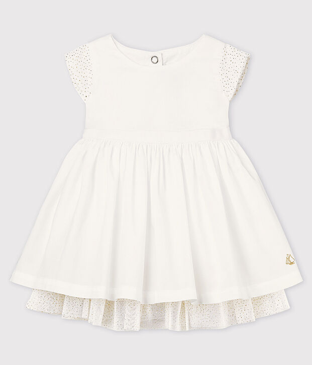 Vestido de celebraci&oacute;n de popelina y tul de beb&eacute; ni&ntilde;a blanco